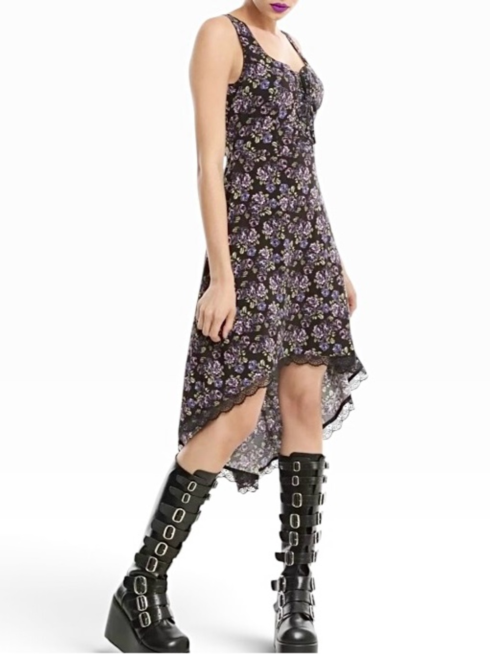 Hot Topic Vintage Purple Rose Hi-Low Hem Lace Up Grunge Whimsigoth Dress Sz M